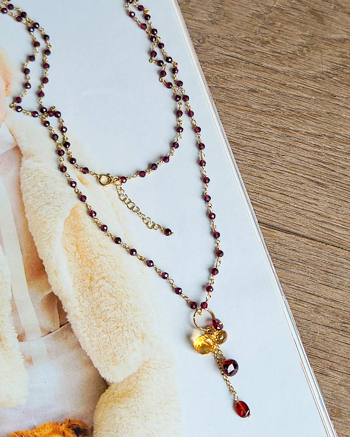 Long Rosary Necklace with Citrine and Garnet