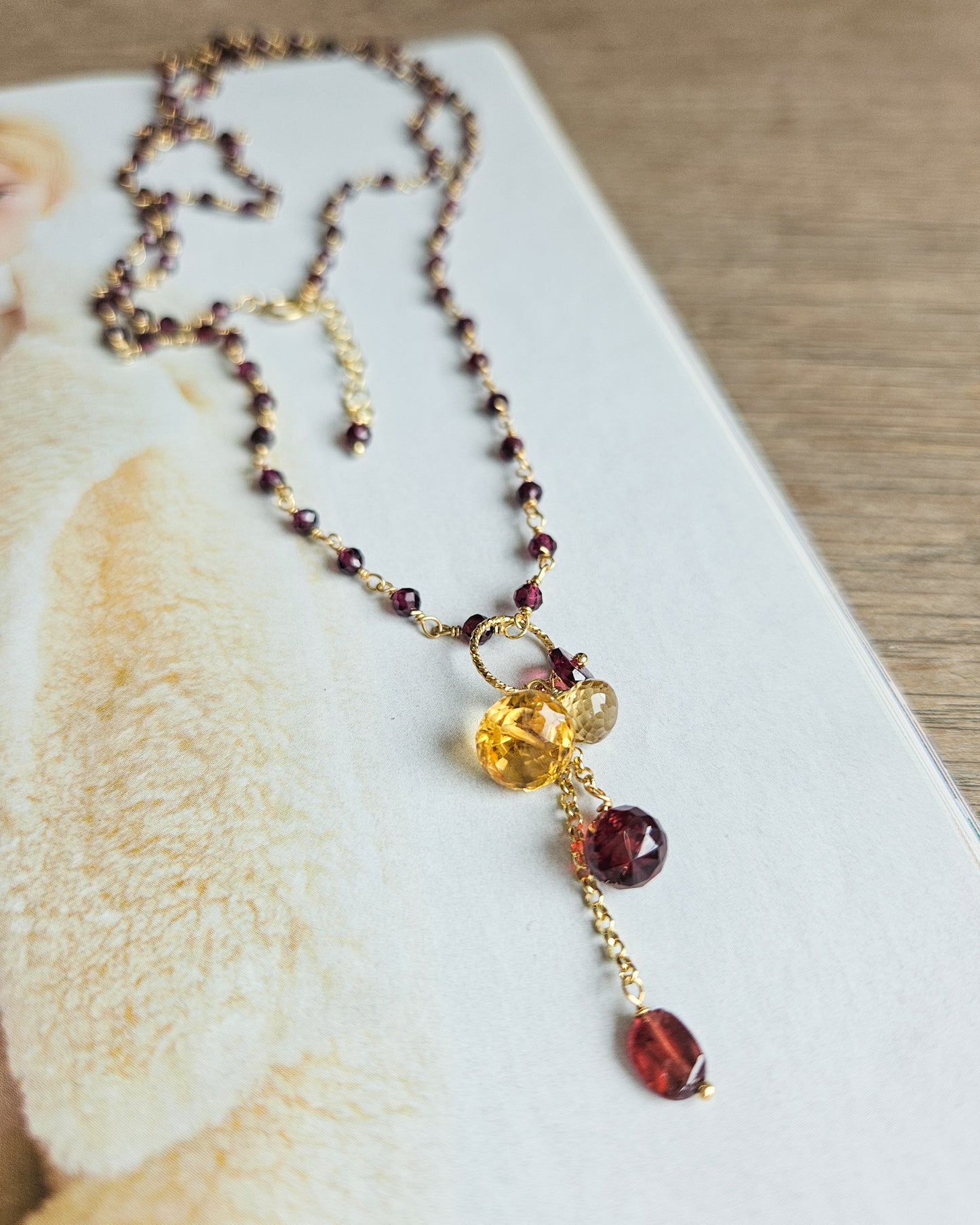 Long Rosary Necklace with Citrine and Garnet