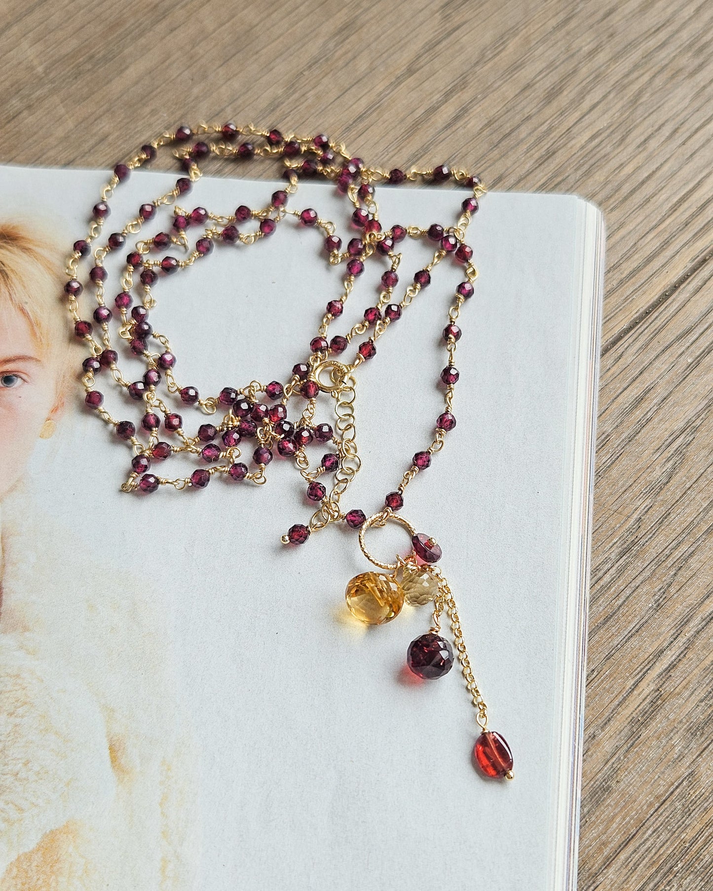 Long Rosary Necklace with Citrine and Garnet