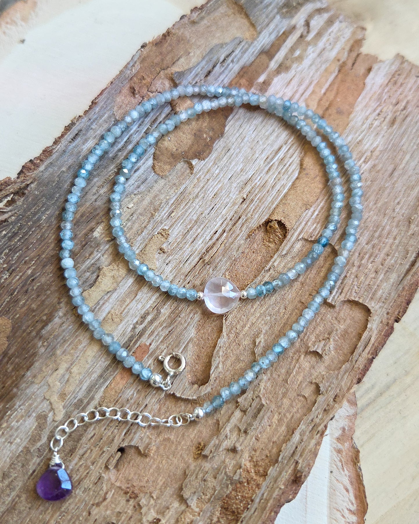 Girocollo acquamarina e cuore di quarzo rosa