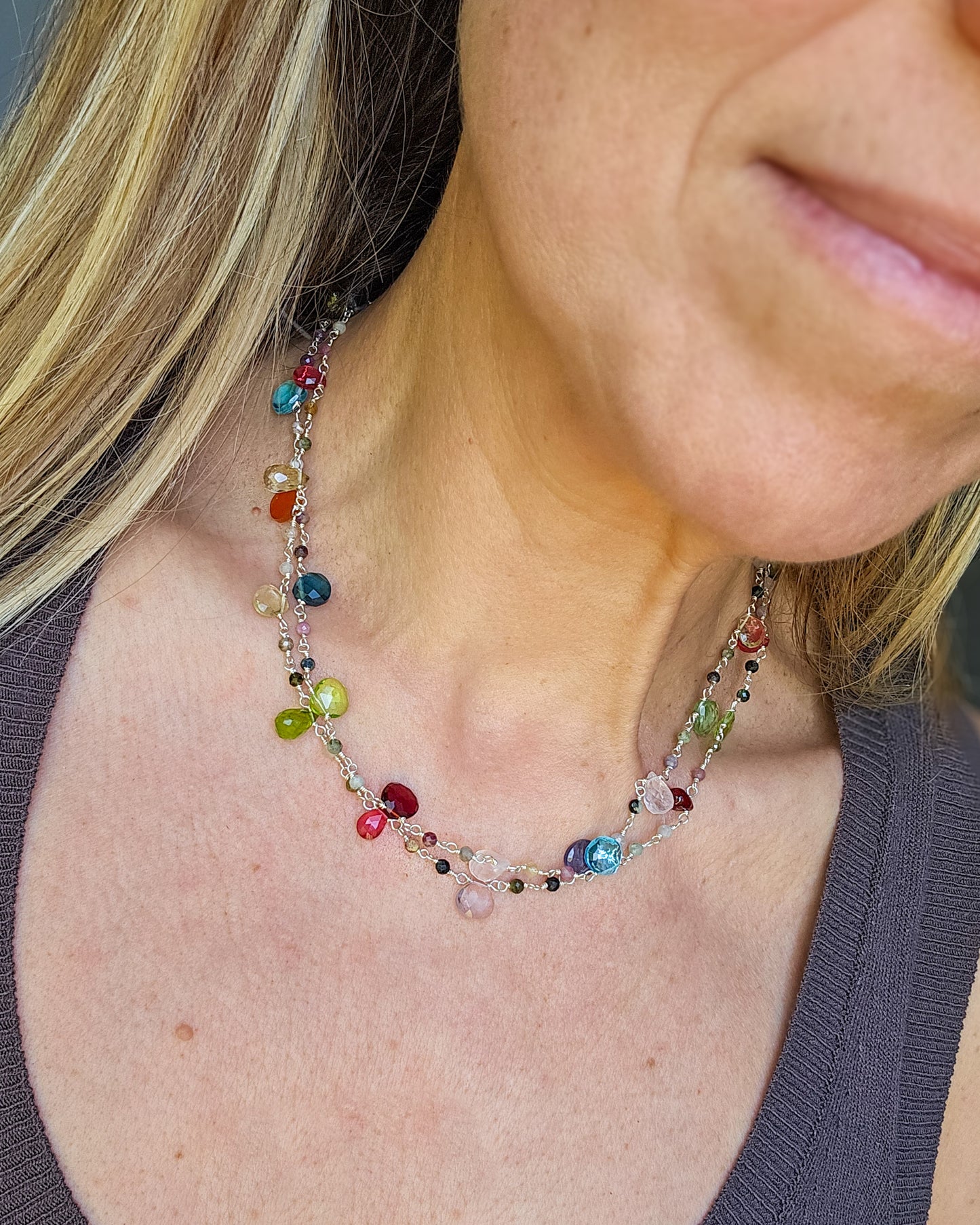 Rosary Necklace with Tourmaline and Colored Stones Silver