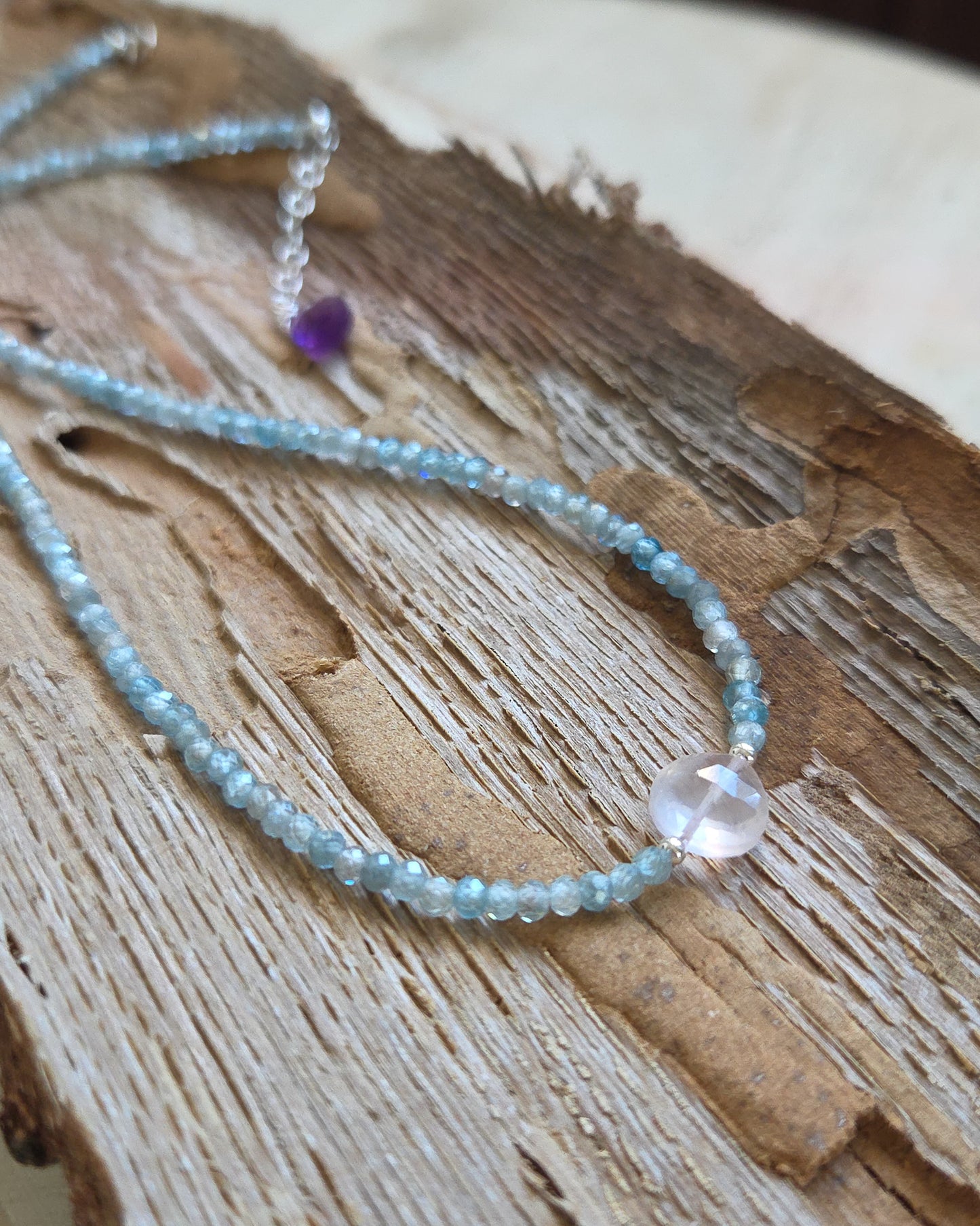 Girocollo acquamarina e cuore di quarzo rosa